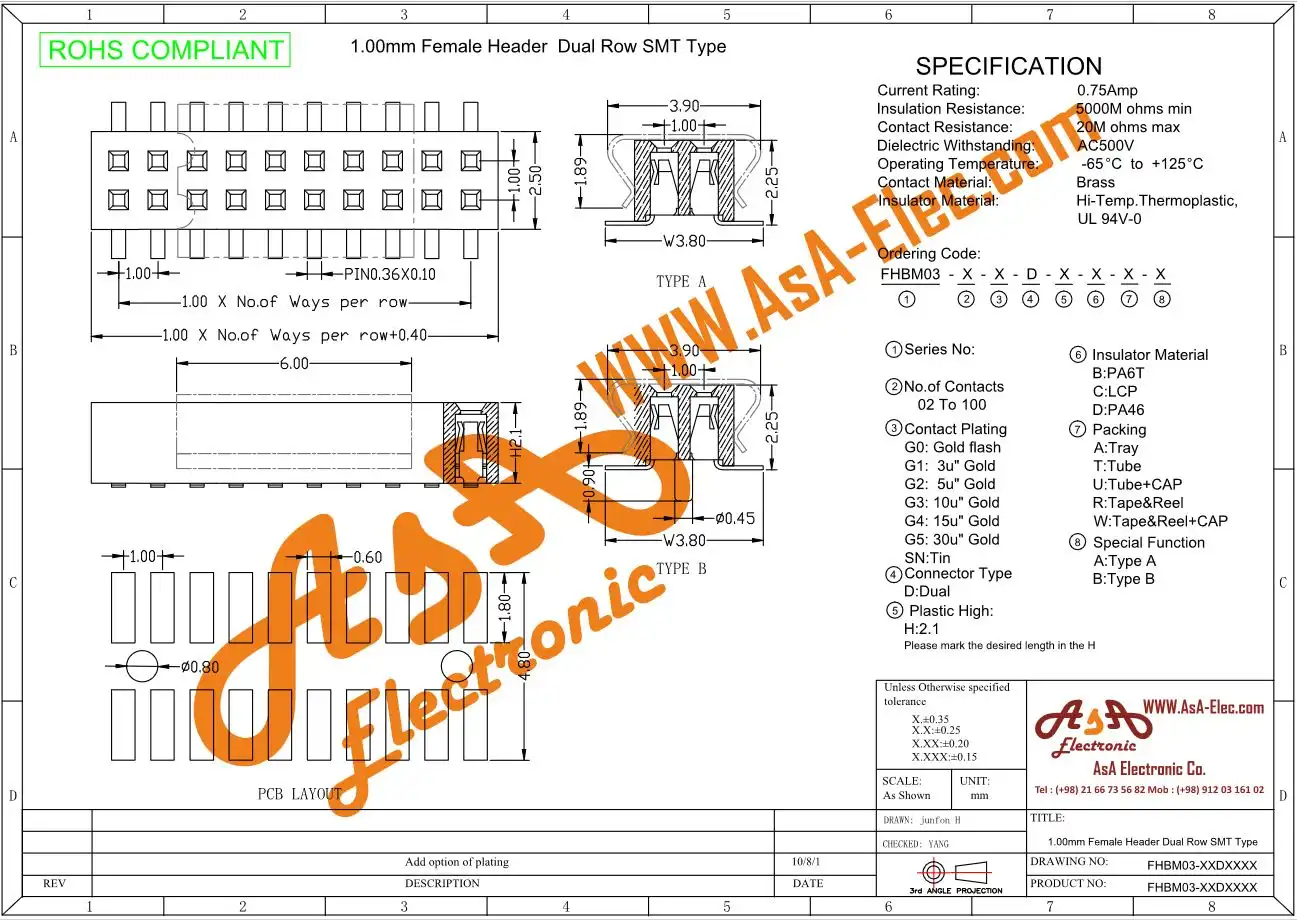 پین هدر 50*2 مادگی اتصال سطحی 1.00 میلیمتر SMD